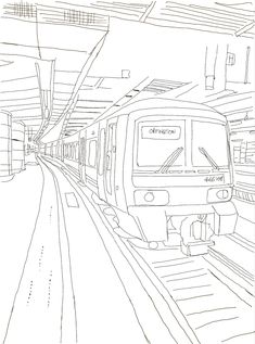 a black and white drawing of a subway train