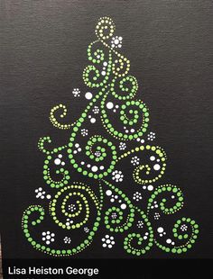 a christmas tree painted on black canvas with green and white dots in the shape of an ornament