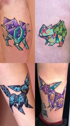 three different tattoos on the legs of men with origami animals and geometric shapes