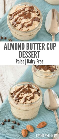 almond butter cup dessert with chocolate drizzled on top and spoons next to it