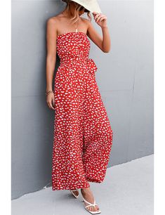 Reddish Orange Leopard Print Lace-up Strapless Jumpsuit Red Strapless Jumpsuit For Summer, Red Strapless Summer Jumpsuit, Chic Red Strapless Jumpsuits And Rompers, Ladies Jumpsuits, Orange Leopard Print, Summer Jumpsuit, Cami Jumpsuit, Tube Tops, Casual Wide Leg Pants