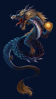 a blue and gold dragon with an orange ball in it's mouth on a dark background