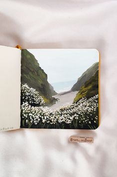 an open book with white flowers in the foreground and water on the far side