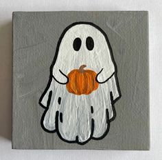 a painting of a ghost with a pumpkin in its hand on a gray background,