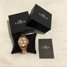 Nwt Coach Watch Rose Gold Tone Case And Bracelet Approx. Case Diameter: 37mm Mineral Crystal Quartz Movement Deployment Closure Water-Resistant To 99 Feet Timeless Coach Watch Suitable For Gifting, Timeless Coach Jewelry For Gift, Timeless Coach Watches As Gifts, Coach Gold Watch As Gift, Coach Gold Watch As A Gift, Coach Gold Watch For Gift, Coach Watches With Round Dial For Gift, Coach Watches As Gifts, Luxury Gold Coach Watch Accessories