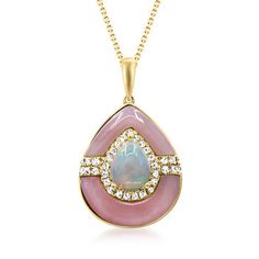 Ross-Simons - Opal, Pink Mother-Of-Pearl, .32ct t. w. Diamond Pendant Necklace. 16". This statement-making necklace takes being "pretty in pink" to a bold new height. On the teardrop-shaped pendant, a dreamy 9x7mm pear-shaped opal cabochon, and the two glossy carved pink mother-of-pearl gems encompassing it, are enhanced with glittery .32 ct. t. w. round brilliant-cut diamonds. Crafted in 14kt yellow gold. Suspends from a cable chain with a 2" extender. Lobster clasp, diamond, pink mother-of-pea Teardrop Cabochon Necklace For Anniversary, Anniversary Cabochon Teardrop Necklace, Anniversary Teardrop Cabochon Necklace, Elegant Teardrop Pendant Cabochon Necklace, Elegant Cabochon Teardrop Pendant Necklace, Luxury Yellow Gold Jewelry With Pink Opal, Formal Pink Cabochon Necklace, Elegant Pink Cabochon Necklace, Luxury Pink Opal Necklace