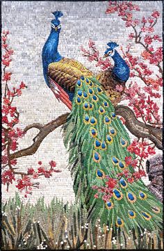 a mosaic depicting two peacocks sitting on a tree branch with red flowers in the background