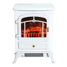 a white stove with an open door and fire in the front on a white background