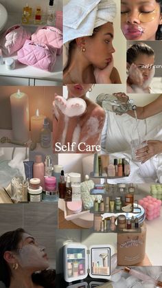 a collage of photos showing different types of skin care products and women in the bathroom