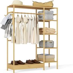 an open shelving unit with clothes and shoes