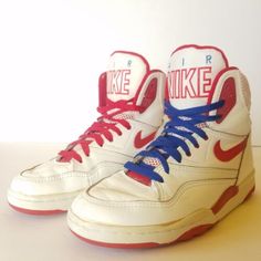 Nike 80s Vintage Shoes, 80d Shoes, Cheap Playful Red Sneakers, 80s Basketball Shoes, Adidas 2000 Vintage, Retro High-top Basketball Shoes, Retro Nike Sneakers With Round Toe, Vintage Nike Custom Sneakers For Streetwear, Vintage Basketball Shoes With Rubber Sole For Streetwear