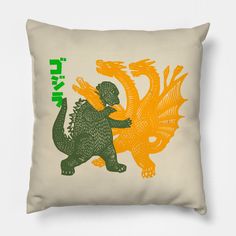 a pillow with an image of a dinosaur and a dragon on it's back