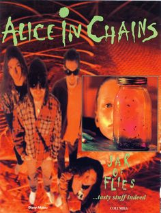 an album cover for alice in chains, featuring three people standing next to a jar filled with liquid