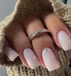 French With Glitter Base, Wedding Guest Nails Square, Winter Basic Nails, Wedding Square Nails, Nude Square Nails Short, Natural Elegant Nails, Short Nails Ideas Glitter, French Nails With Diamonds, Coffin White Nails