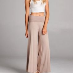 Full Length Fold Down Waist Wide Leg Stretch Pants In Olor Shown Casual Wide-leg Pants With Wide Waistband, Casual Wide Leg Bottoms With Wide Waistband, Versatile Solid Color Yoga Pants For Summer, Versatile Full Length Beige Bottoms, Versatile High Waist Yoga Pants For Summer, High Waist Stretch Beige Harem Pants, Solid High Waist Yoga Pants For Spring, Beige Stretch High Waist Harem Pants, High Waist Beige Stretch Harem Pants