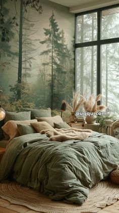 a bedroom with a large window and a bed in front of a forest wall mural