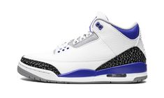 The Air Jordan 3 “Racer Blue” is a July 2021 release of Michael Jordan’s third signature shoe in a highly wearable colorway.  The “Racer Blue” joins popular Air Jordan 3s like the original “True Blue” colorway and non-original “UNC” and “Knicks” colorways in featuring blue on its design.  Here, white tumbled leather forms the base of the upper.  Grey elephant print can be found on the toe and heel.  The variation of elephant print that appears on the “Racer Blue” is darker than the material foun Jordan 3s, Nike X Travis Scott, Disco Fashion, Converse Run, Low Air Jordan 1, Converse Run Star, Jordan 3 Retro, Black Cement, Air Jordan 3 Retro