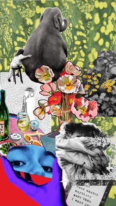 a collage with flowers, pictures and other things in black and white or color