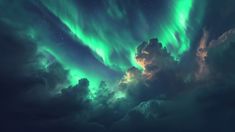 the sky is filled with green and blue aurora bores in the night, as well as clouds