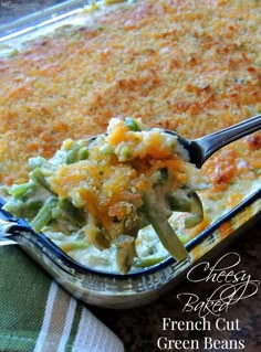 a casserole dish with green beans and cheese