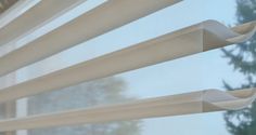 a close up of a window with some blinds in front of it and trees outside the window