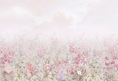 a field full of pink flowers with clouds in the sky behind it and an image of butterflies flying over them