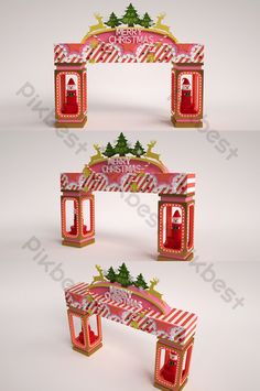 three different views of an arch with christmas decorations on the top and bottom, one in red