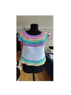 Brighten your wardrobe with this Rainbow Crochet Mesh  Blouse! Handcrafted with care, this vibrant top features a colorful yoke design that's perfect for summer days and festival vibes. Lightweight and breathable, it's the ideal choice for adding a pop of color to any outfit. Step into a world of color with our Rainbow Crochet Yoke Blouse! This handmade top showcases a stunning rainbow pattern with a delicate mesh yoke, blending comfort with boho-chic style. Perfect for layering or wearing on it Sweater Colorful, Crochet Knit Sweater, Yoke Design, Crochet Yoke, Colorful Crochet, Knit Blouse, Rainbow Crochet, Mesh Blouse, Festival Vibes