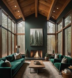 a living room filled with green couches and a fire place in front of large windows