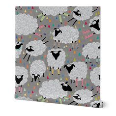 a gray background with black sheep on it and trees in the backgroung