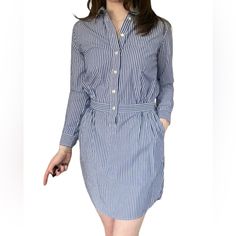 Shirt Dress Has Never Been Worn. Cotton & Spandex Striped Fitted Cotton Shirt Dress, Fitted Striped Cotton Shirt Dress, Fitted Striped Shirt Dress For Daywear, Fitted Casual Shirt Dress For Work, Casual Cotton Mini Dress For Office, Casual Striped Mini Dress For Work, Casual Cotton Office Dress, Casual Shirt Dress With Relaxed Fit For Office, Casual Navy Shirt Dress For Work