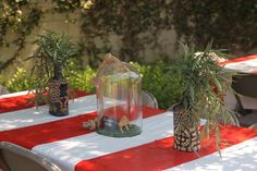 the table is covered with red and white striped cloth, which has two vases filled with plants on it