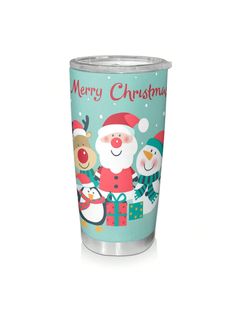 a christmas cup with santa claus, penguins and snowmen on the front is shown