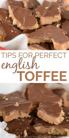 chocolate and peanut butter toffee on a plate with the words tips for perfect english toffee