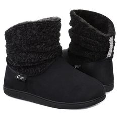 Slip on these cute slippers with soft fuzzy faux fur lining for instant relaxation. A convenient indoor outdoor rubber bottom and comfortable micro suede plus smooth chenille fabric keep your feet warm and cozy around the house. Size: 11-12.  Color: Black.  Gender: female.  Age Group: adult. Crackers Christmas, Bootie Slippers, Winter Boots For Women, Fluffy Slippers, Cute Slippers, Warm Shoes, Warm Boots, Christmas Crackers, Closet Inspiration