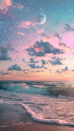 the sky is filled with stars and clouds as the sun sets over the ocean on a cloudy day