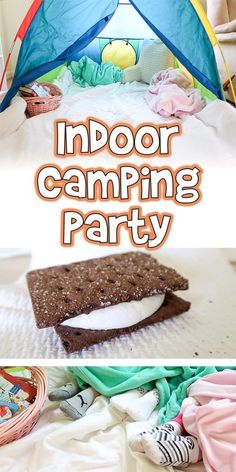 there is a tent with the words indoor camping party on it and an image of a bed