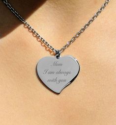 "Our engraved silver heart necklace is a great personalized gift for that special someone. The silver heart necklace can be custom engraved with names, dates or a message of love on both sides of the heart pendant. This high polished stainless steel pendant will never tarnish or fade or change color. Great gift for bridesmaids, flower girls, best friends, or the love of your life. Silver Teardrop Heart Necklace Dimensions: 1.25\" X 1\" Material: Stainless Steel Includes stainless steel chain How Mother's Day Stainless Steel Jewelry With Engraved Text, Personalized Silver Heart Necklace For Memorial, Engraved Heart Necklace For Mother's Day Memorial, Silver Heart Necklace For Mother's Day Personalized Gift, Personalized Stainless Steel Heart Necklace For Mother's Day, Valentine's Day Engraved Necklace Gift For Mom, Silver Heart Necklace With Engraving Option For Anniversary, Silver Necklaces With Engraved Text For Personalized Gift, Personalized Silver Necklace With Engraved Text