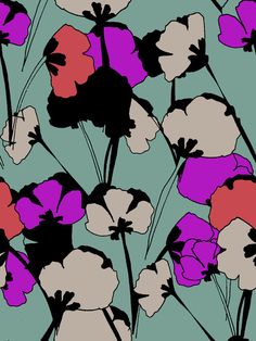 an image of flowers on a green and purple background with pink, red, and white flowers