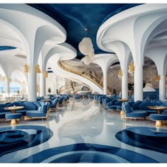 an artisticly designed lobby with blue and white furniture, gold accents and chandeliers