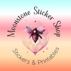 a pink and blue logo with a bee on it