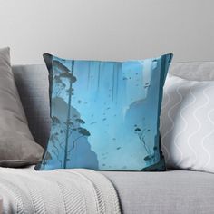 an underwater scene with trees and fish in the water on a blue background throw pillow