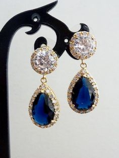 Bridal Earrings Halo dark Sapphire Blue Pear Shaped Cubic Zirconia Round Yellow Gold Plated Post Ear Blue Pear-shaped Party Earrings, Earrings Sapphire, Dark Sapphire, Bridal Bracelet, Earring Posts, Sapphire Blue, Bridal Necklace, Bridal Earrings, Kim Kardashian