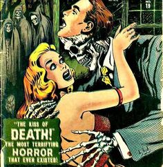 an old comic book cover with a woman being hugged by a man in a skeleton costume