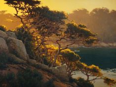 an oil painting of trees and rocks by the water