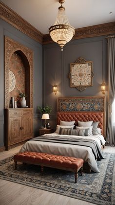 a bedroom with a large bed and an ornate chandelier