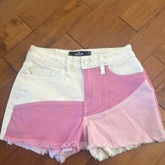 Pink And White Denim Shorts From Hollister Never Worn Size 24 White Denim Jean Shorts For Summer, Trendy White Denim Shorts, White Summer Jean Shorts, Trendy High Waist White Jean Shorts, Trendy High-waist White Jean Shorts, White Short Denim Jeans, White Jeans Shorts For Summer, White Short Length Jeans For Summer, White Short Length Summer Jeans