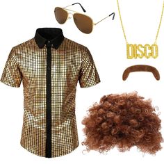 a man's outfit and accessories including sunglasses, wig, gold shirt and hair