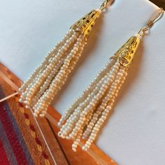 High Quality Beads Earrings Gold, Beads Earrings, Seed Bead Earrings, Cream And Gold, Earrings Gold, Beaded Earrings, Seed Beads, Gold Earrings, Gold Color