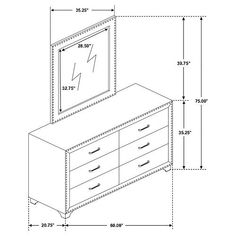 a drawing of a dresser and mirror with measurements